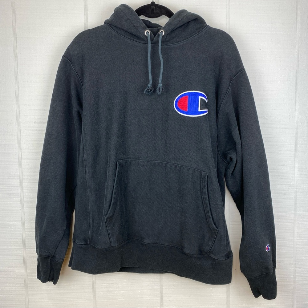 Champion Black Long Sleeve Hoodie Sweatshirt Reverse Weave Logo Patch Pocket L